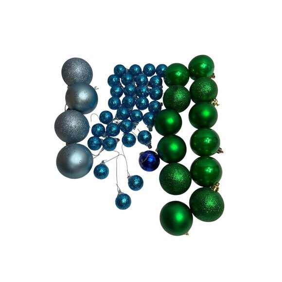Set Of Green Blue & Silver Christmas Ornaments - Glitter & Matte - 1"-3" Diamete - Picture 1 of 3